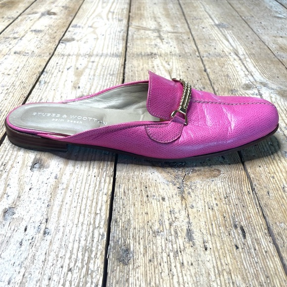 Stubbs & Wootton Pink Leather Mules Size 11 | Gold Accent Slip-On Loafers - Picture 5 of 11